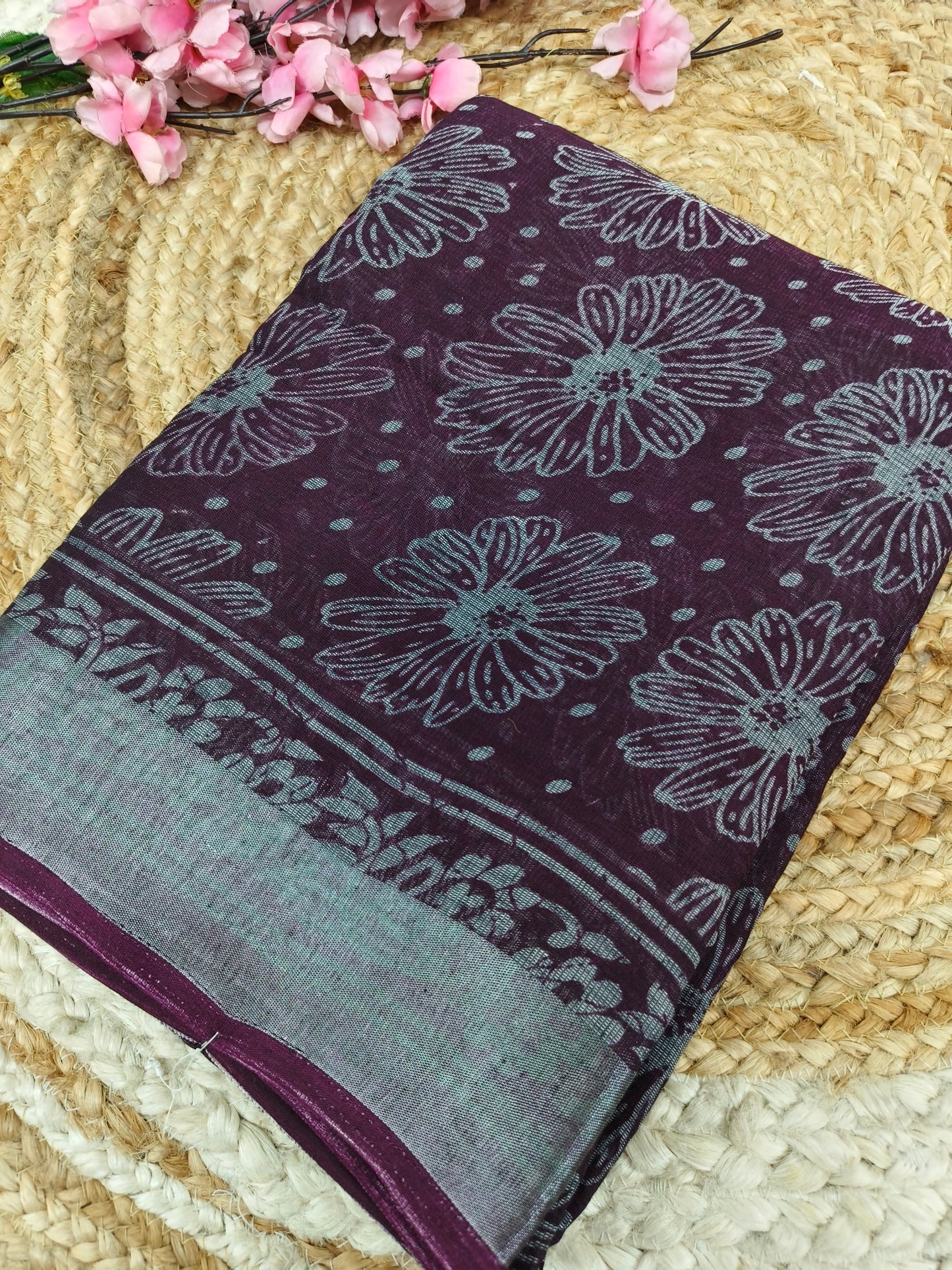 Dark wine - Black Lenin Cotton saree