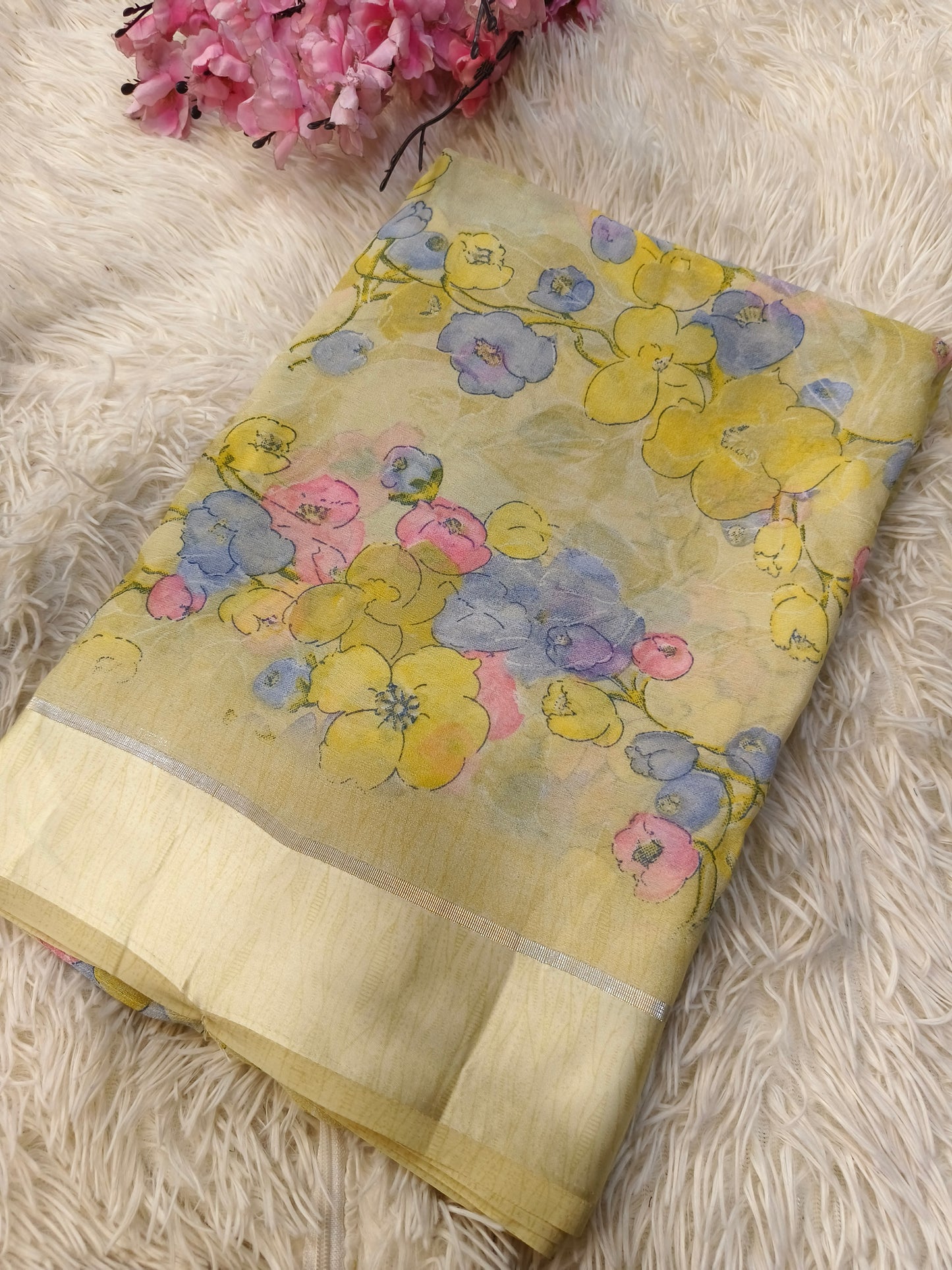 Light yellow fancy georgette saree