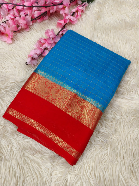 Blue with red semi Mysore crepe silk