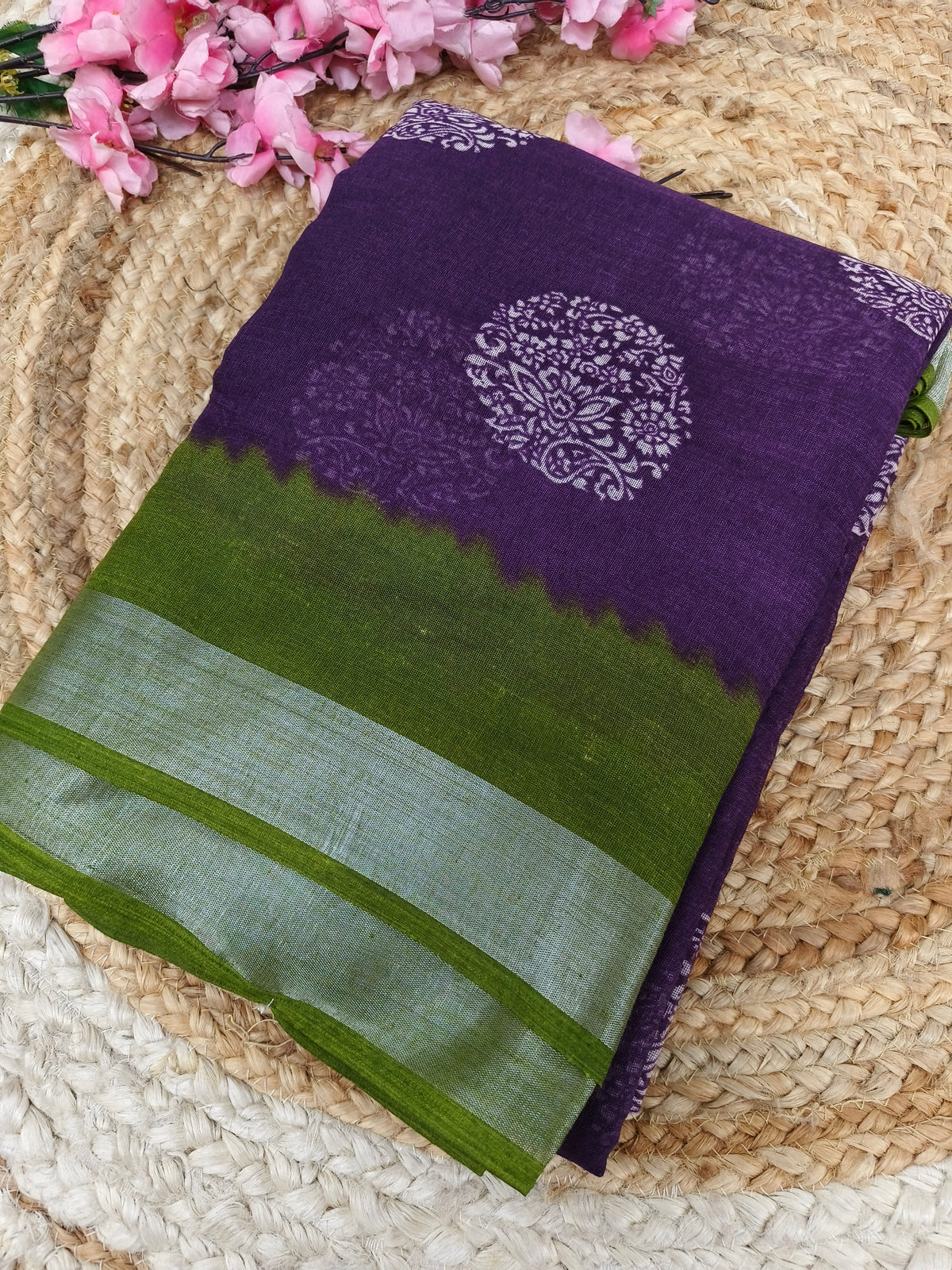 Purple with green  Lenin Cotton saree