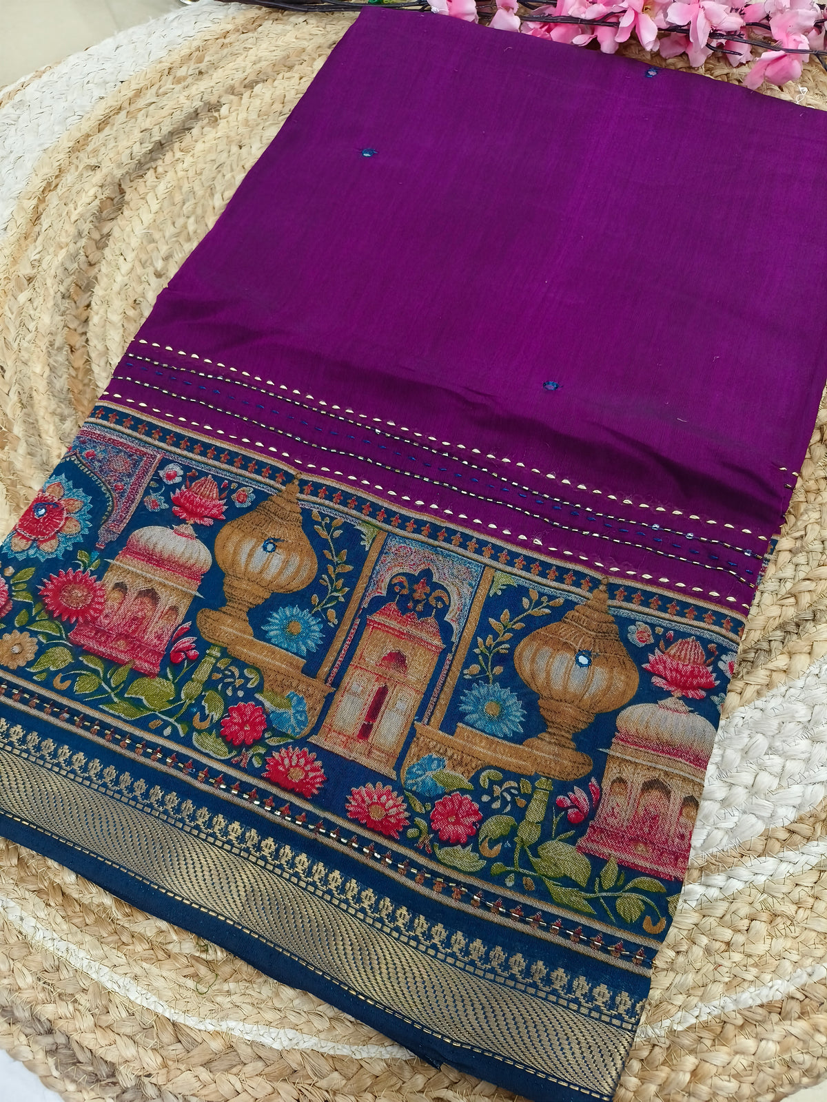 Magenta Pink with peacock blue Printed Cotton Silk Saree