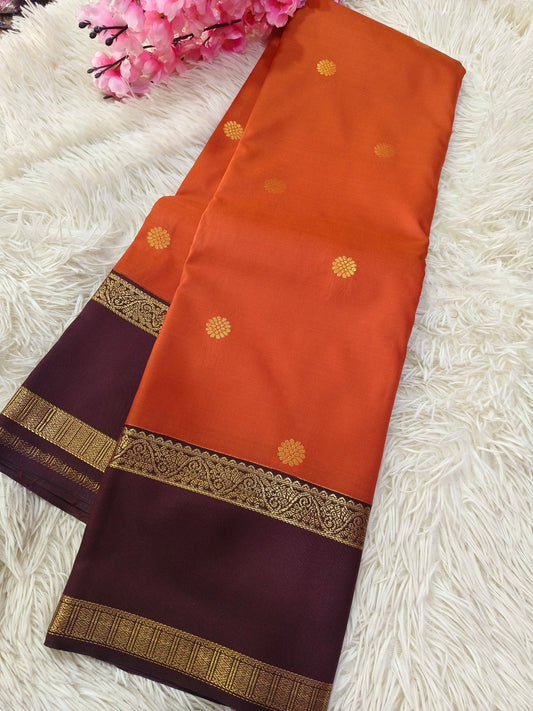 Rustic Orange With Dark brown Semi kanjivaram silk saree