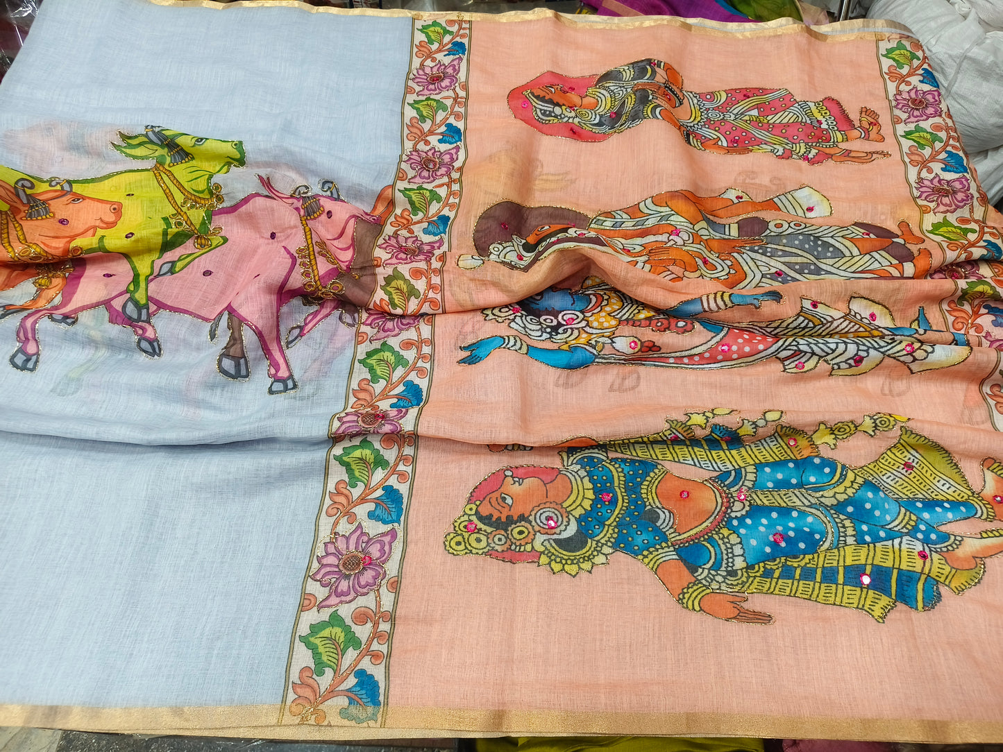 Blue with Peach Linen cotton Kalamkari saree