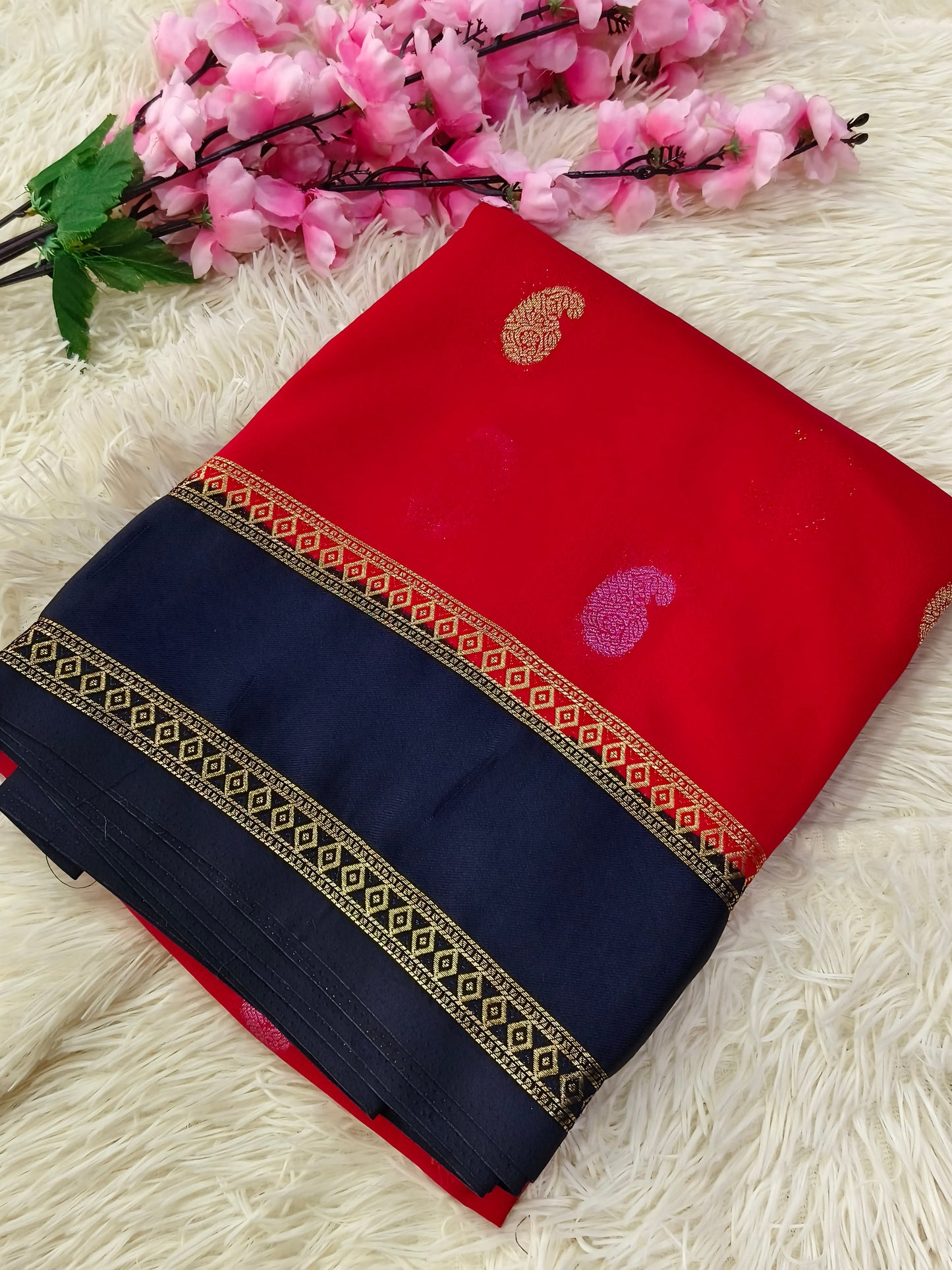 Red with  Navy Blue Semi Mysore silk saree
