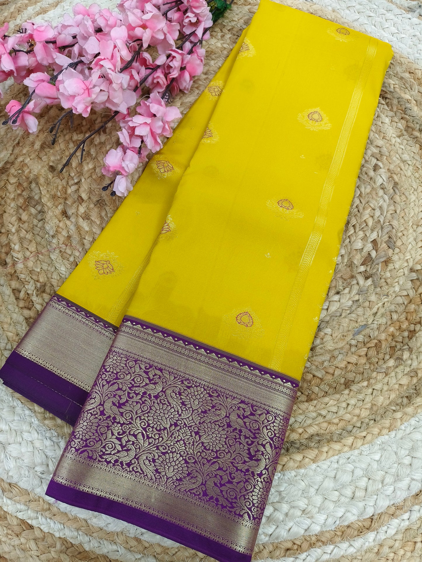 Yellow with purple Elegant semi kanjivaram silk saree