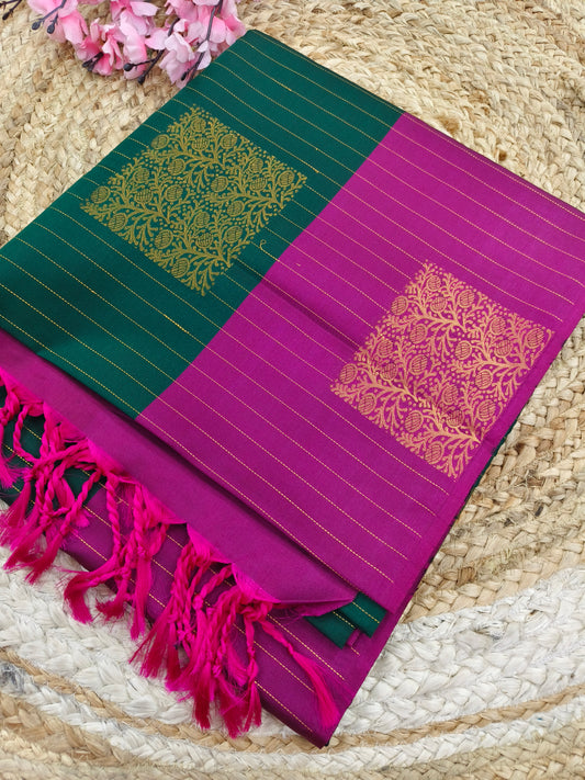 Bottle Green with Pink Elegant soft semi kanjivaram silk saree