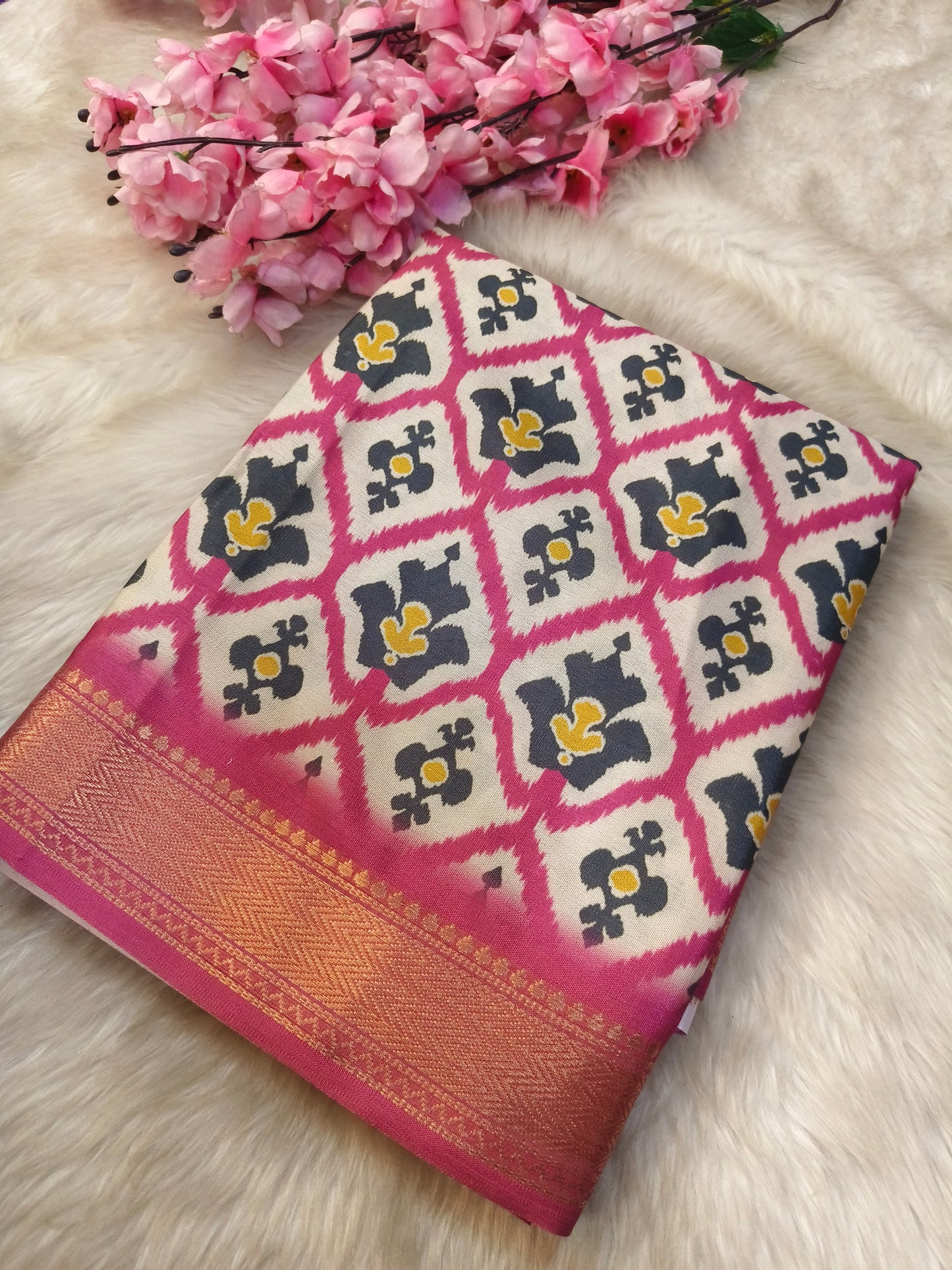 Cream with light Pink printed silk saree