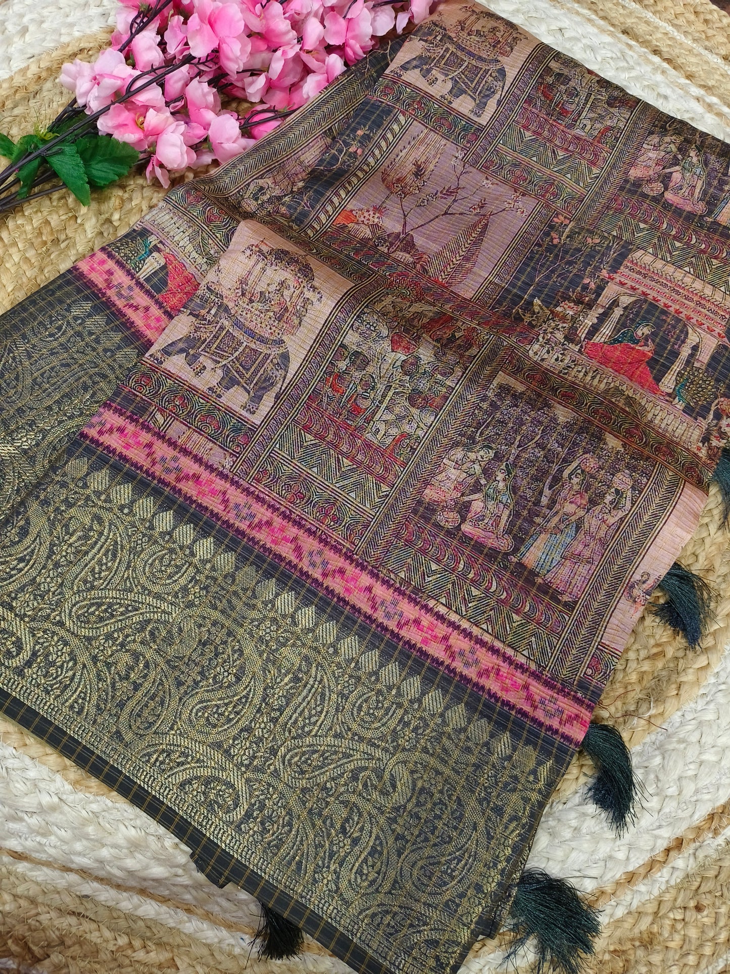 Burst of colours with grey heritage silk saree
