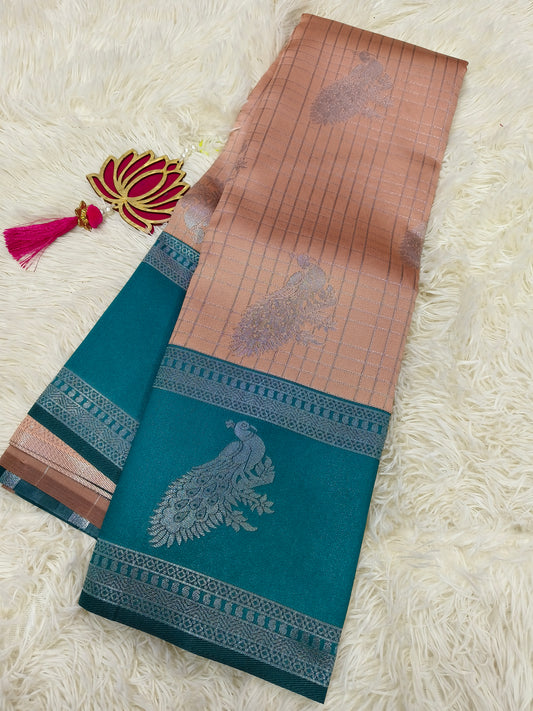 Peach with rama green  Mercidised silk saree