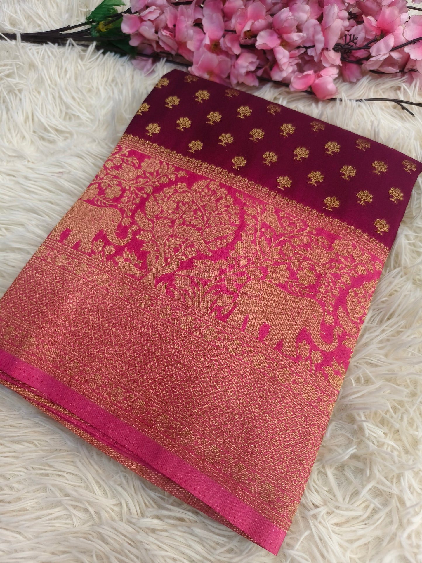 Wine with pink Banarasi georgette silk saree