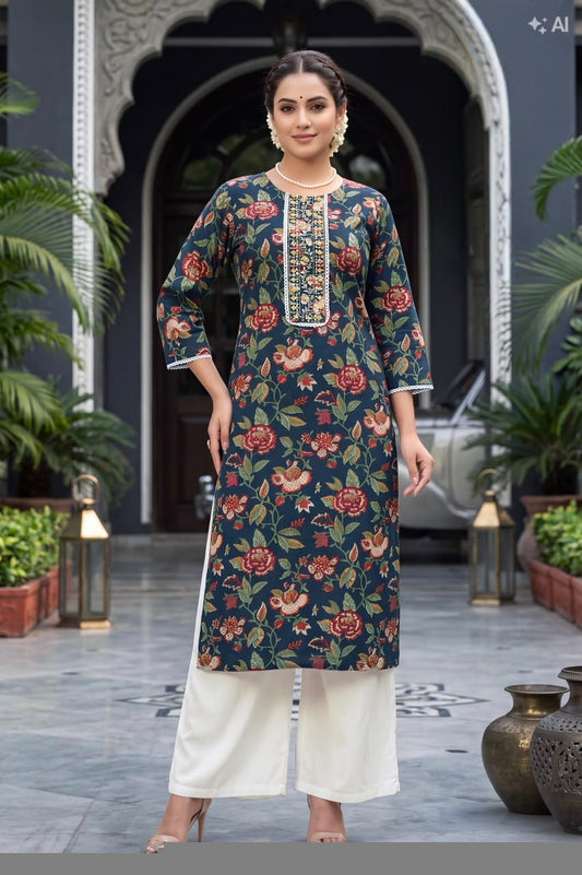 Elegant navy blue with cream Printed Ethnic Kurti Set
