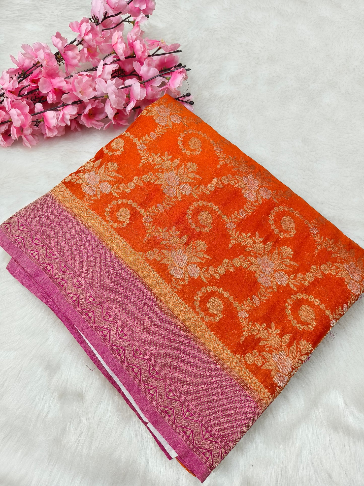 Orange with pink pure georgette silk saree