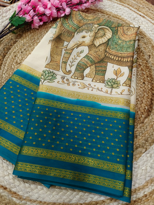 Sky blue elephant Digital printed semi Mysore crepe silk saree
