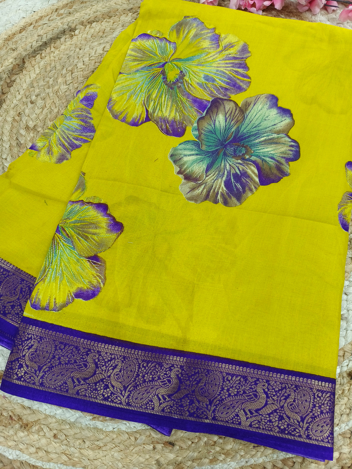 Bright Yellow Floral Printed Saree with Deep Purple Zari Border