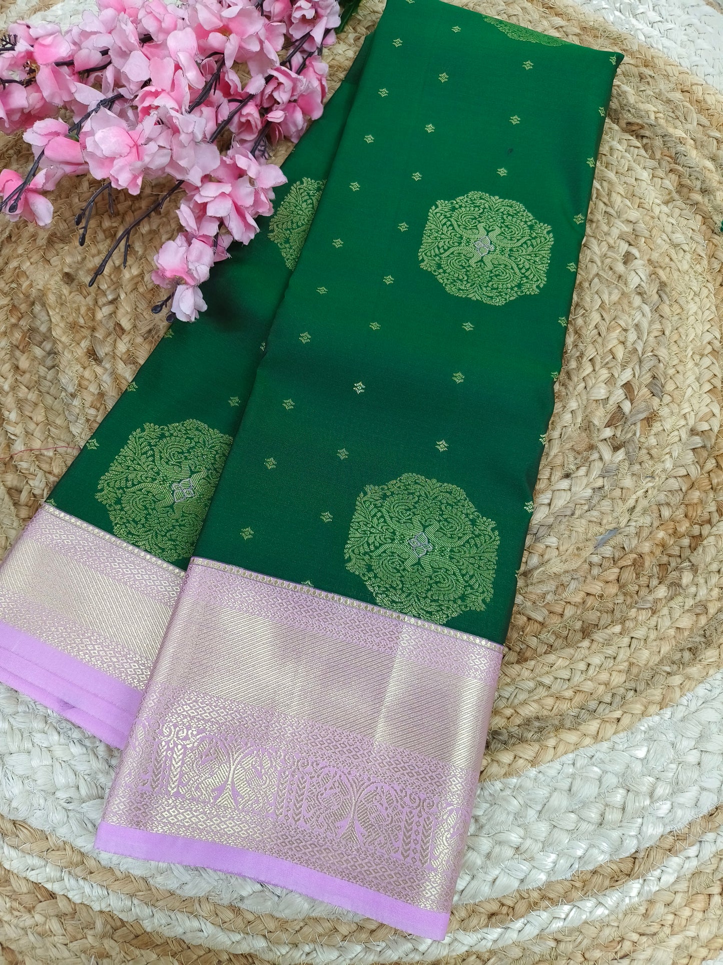 Bottle green with baby pink Elegant semi kanjivaram silk saree