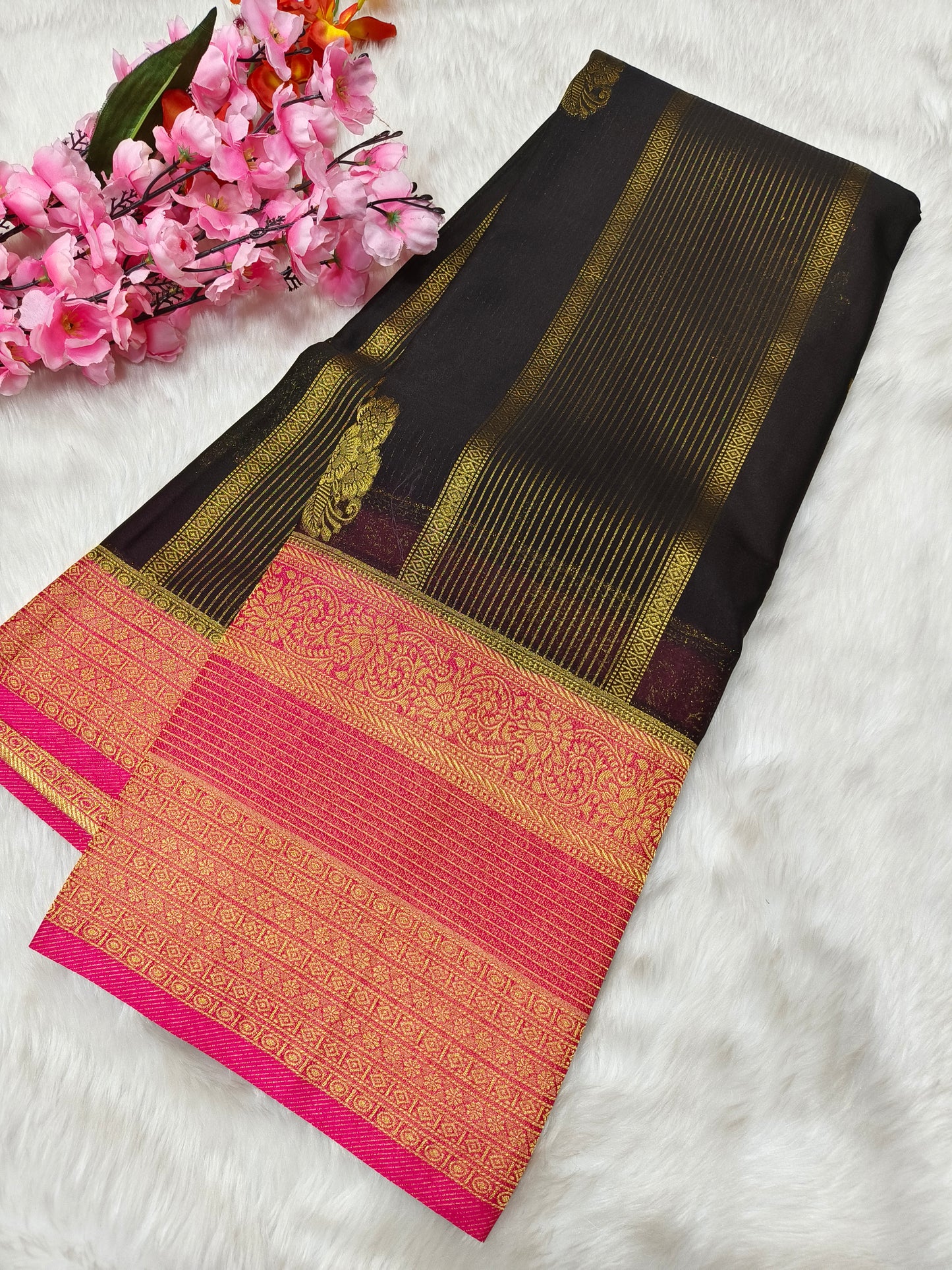Black with pink semi Mysore crepe silk saree