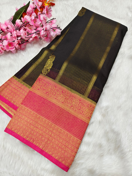 Black with pink semi Mysore crepe silk saree