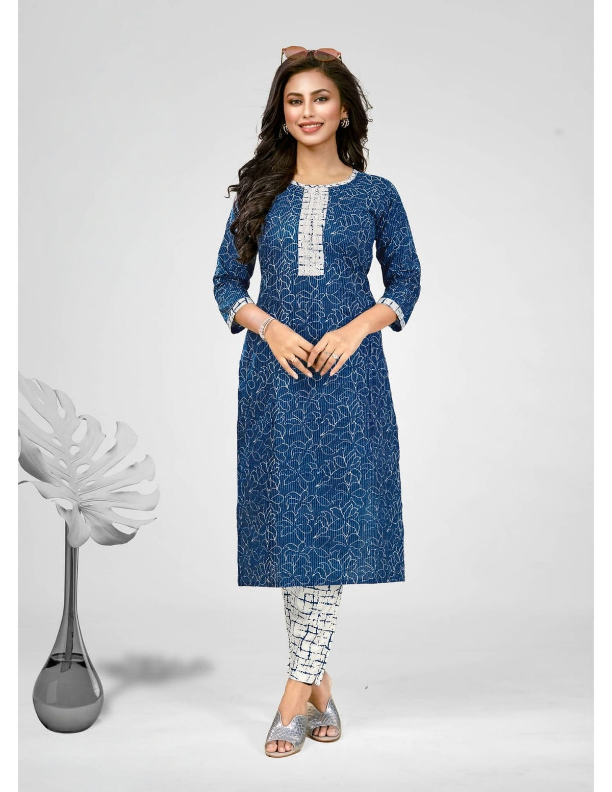 Blue with white Elegant Printed Cotton Kurta