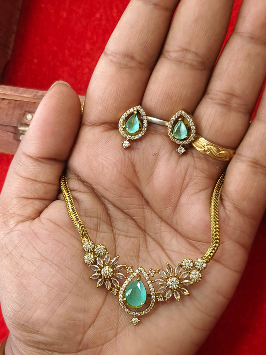 Mint Blue Teardrop floral gold plated Necklace