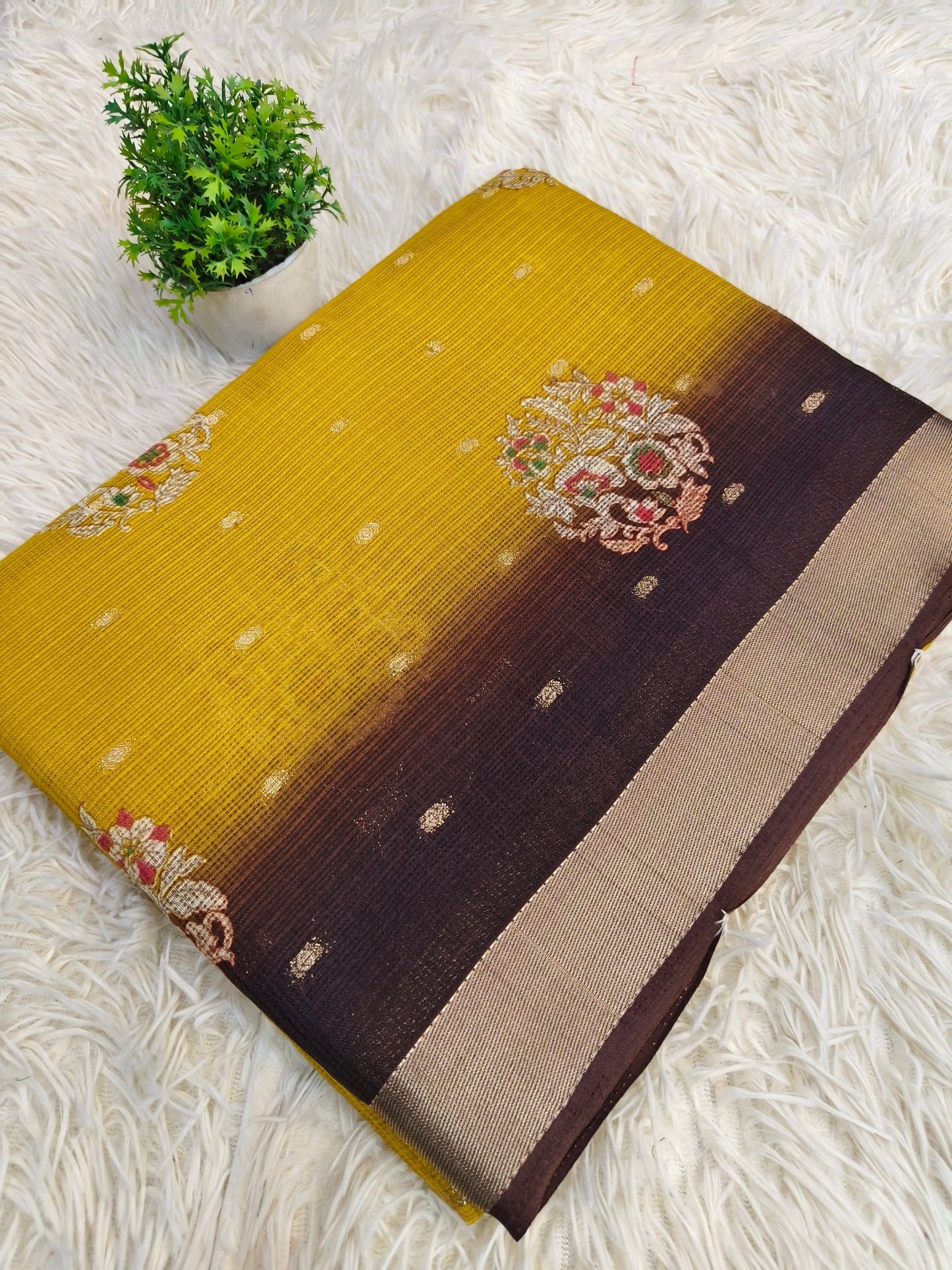 Yellow with brown light weight juit Saree