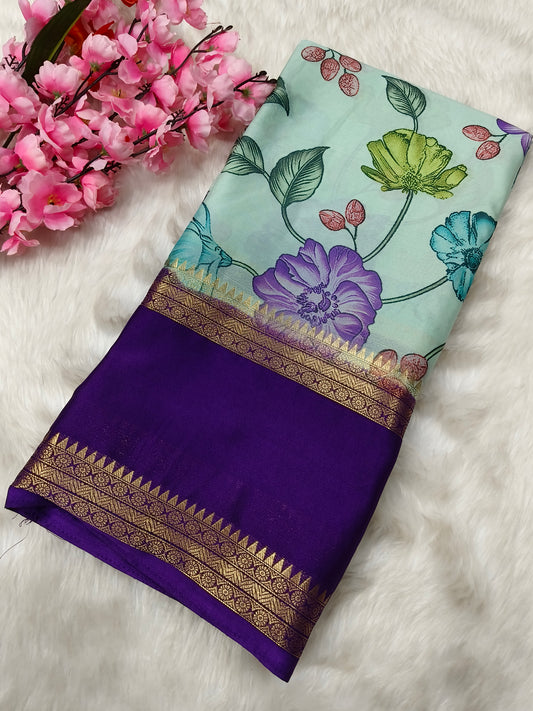 Blue with purple semi Mysore crepe silk saree