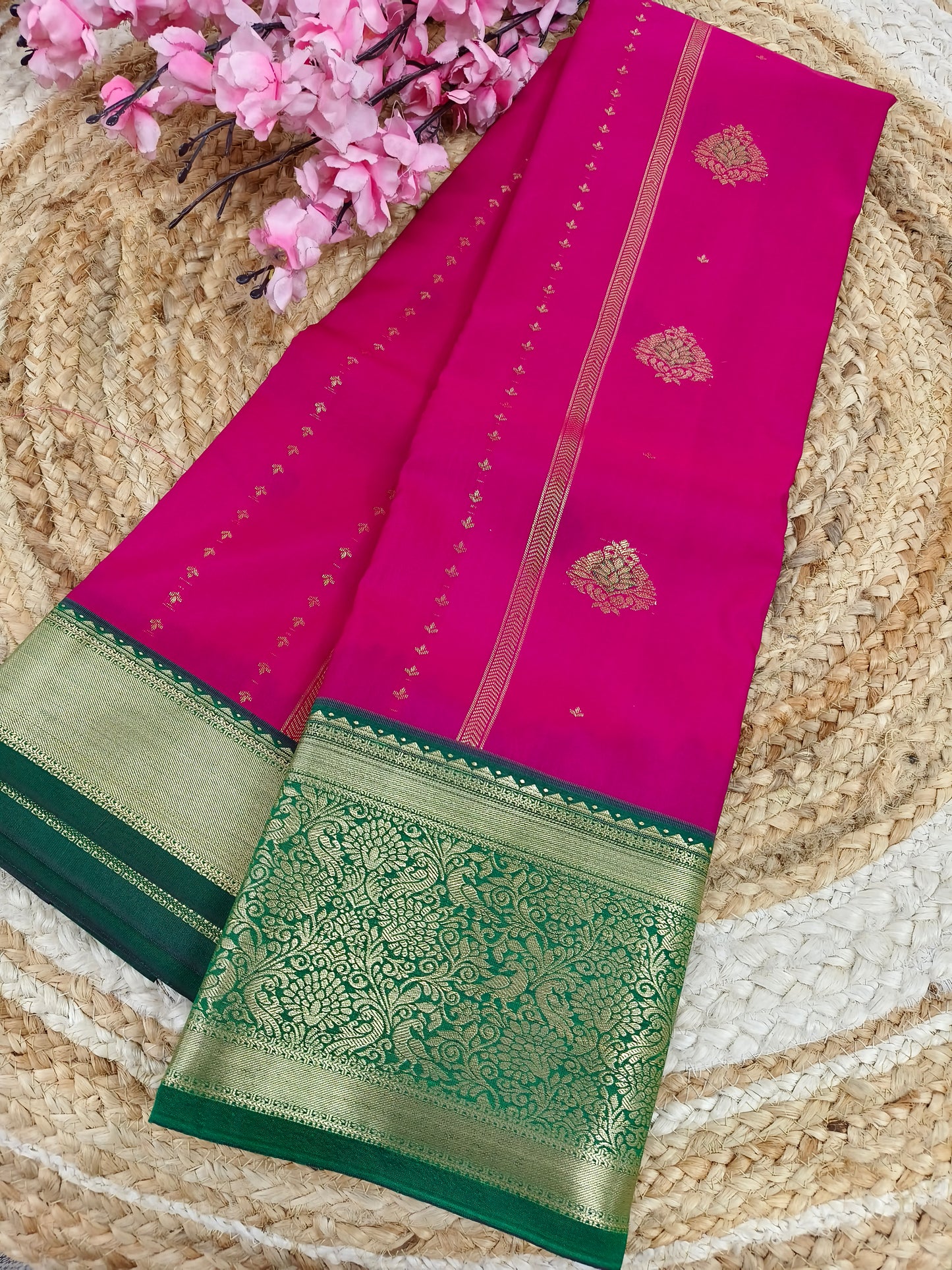 Rani Pink with bottle green Elegant semi kanjivaram silk saree