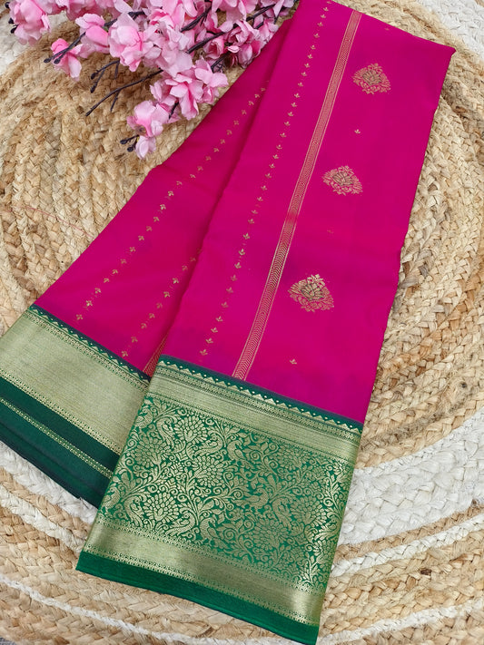Rani Pink with bottle green Elegant semi kanjivaram silk saree