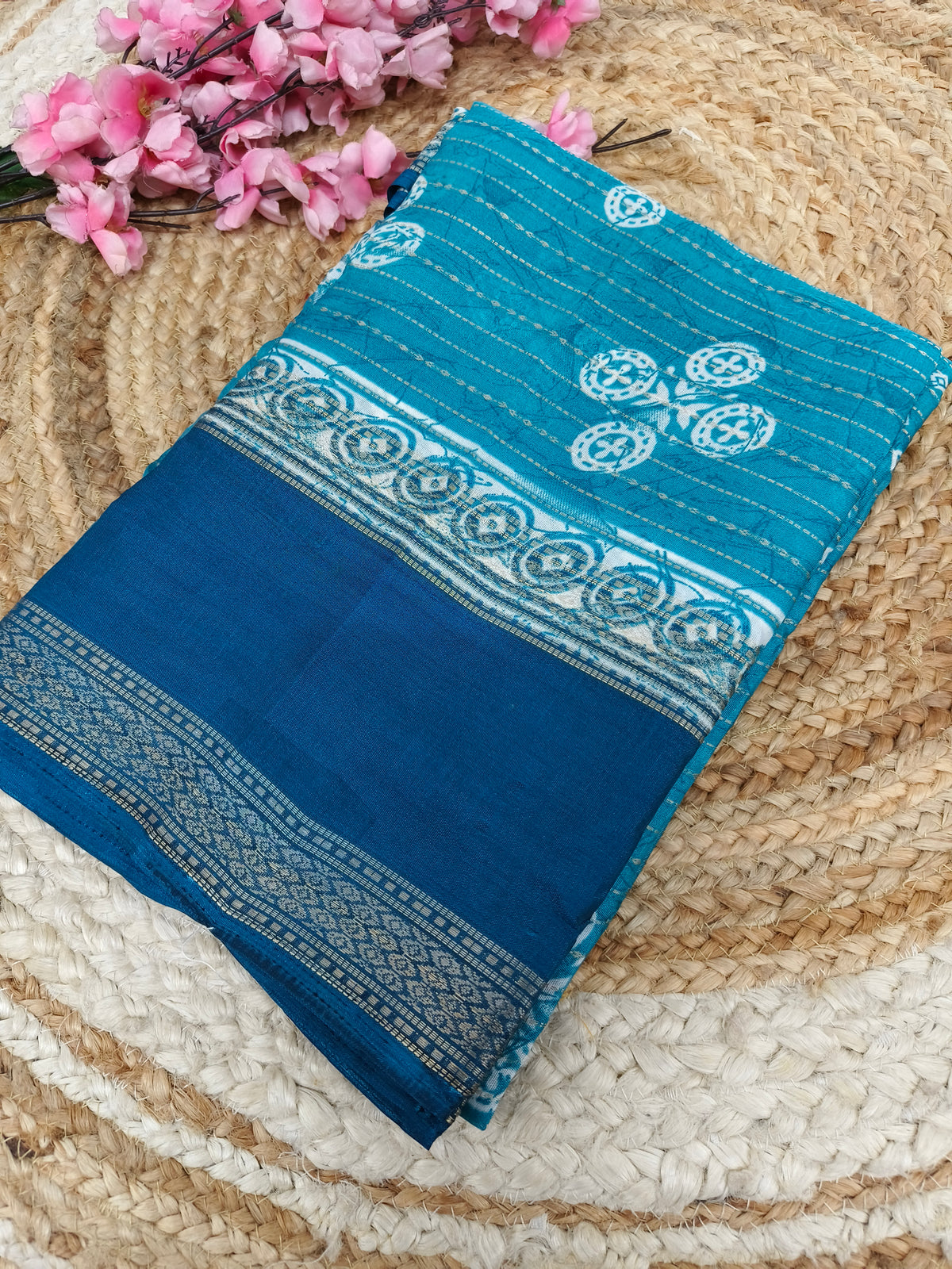 Sky blue with peacock blue Dola Silk Saree