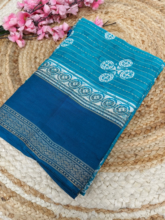 Sky blue with peacock blue Dola Silk Saree