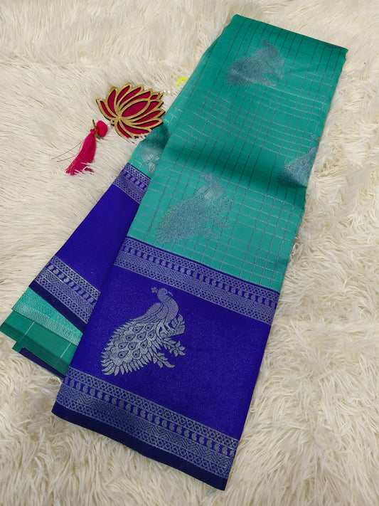 Pine green with blue  Mercidised silk saree