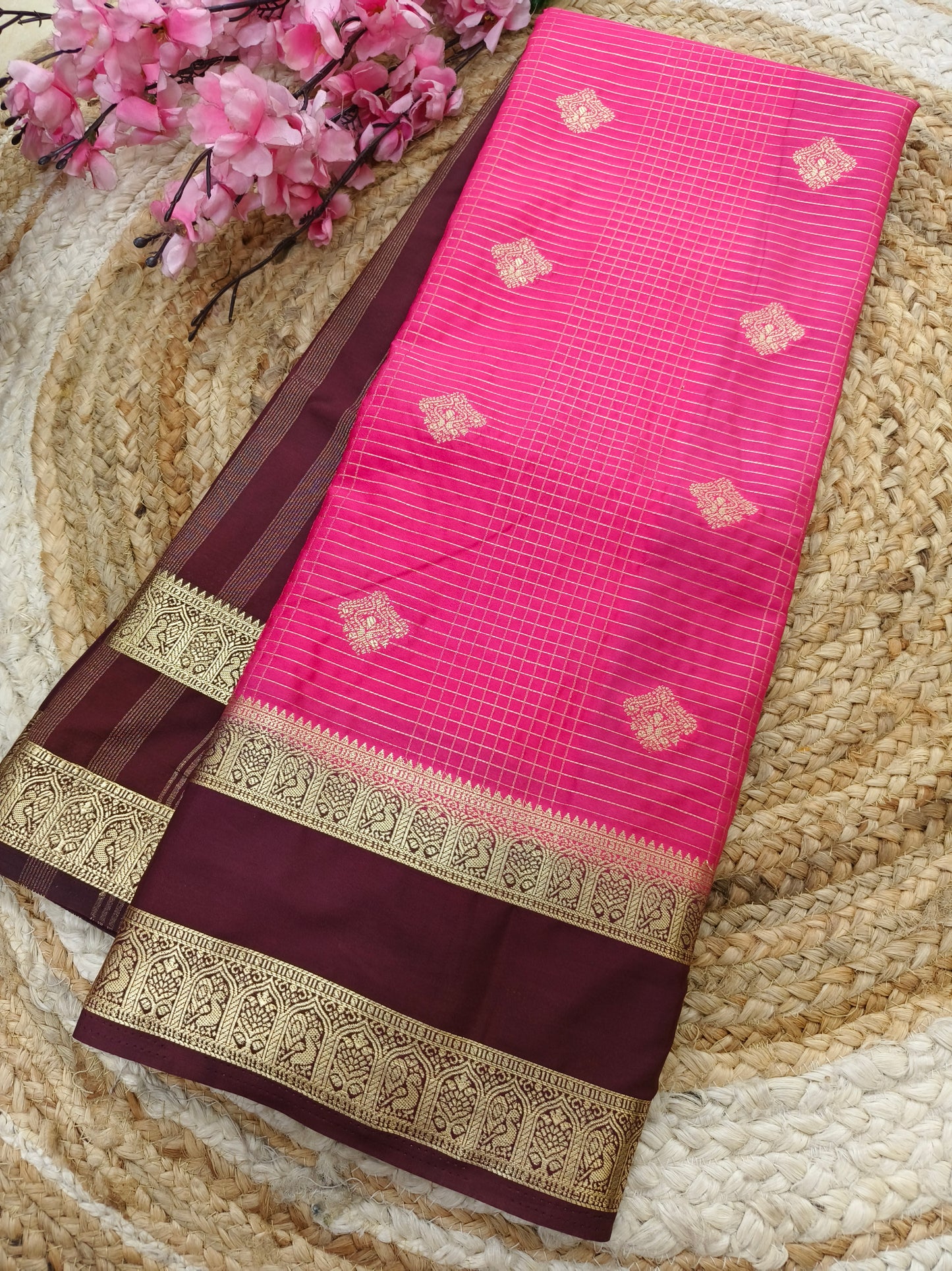 Rose Pink with Brwon Semi Mysore silk