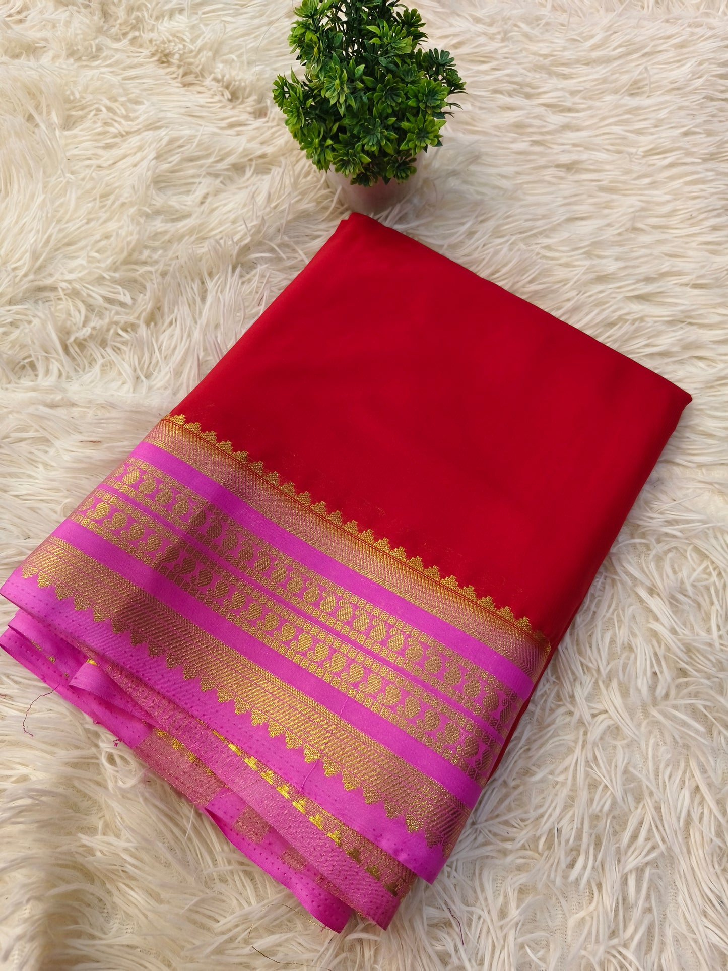 Red with Pink semi Mysore crepe silk saree