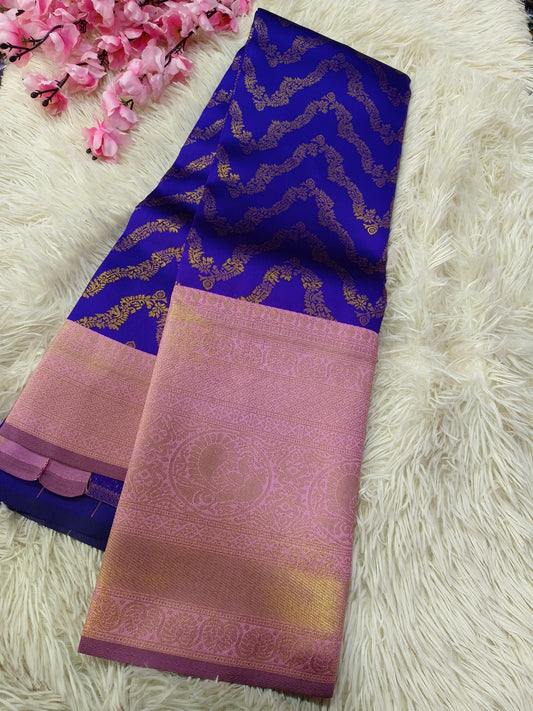 Blue with Light Pink Bridal semi silk saree