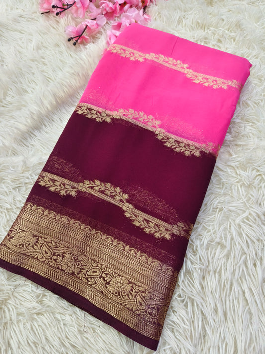 Rose Pink with wine kadi Georgette silk saree