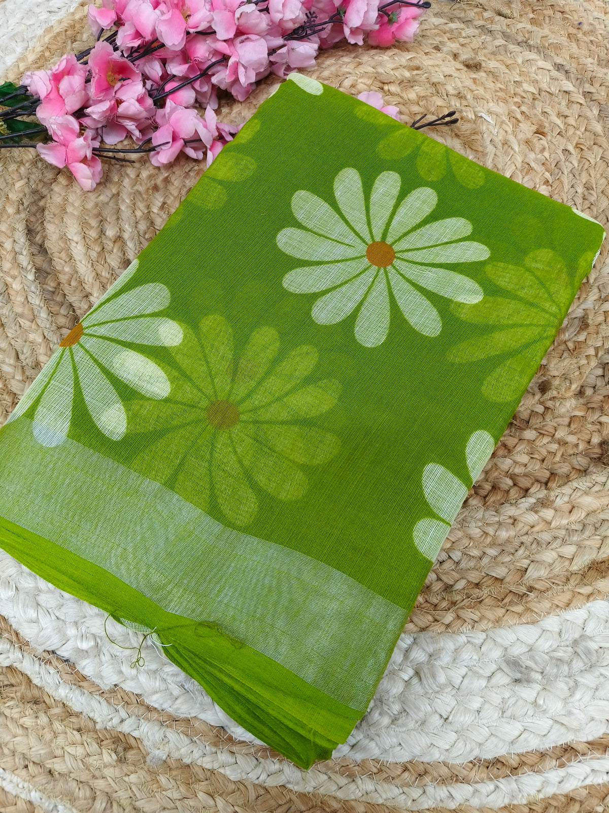 Parrot green Lenin Cotton saree