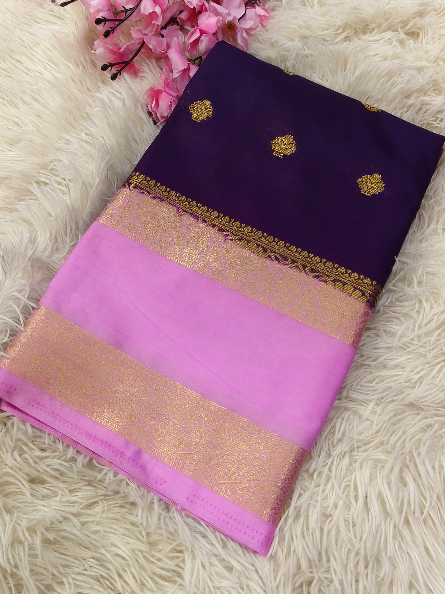 Purple With Baby Pink Semi Mysore crepe silk saree