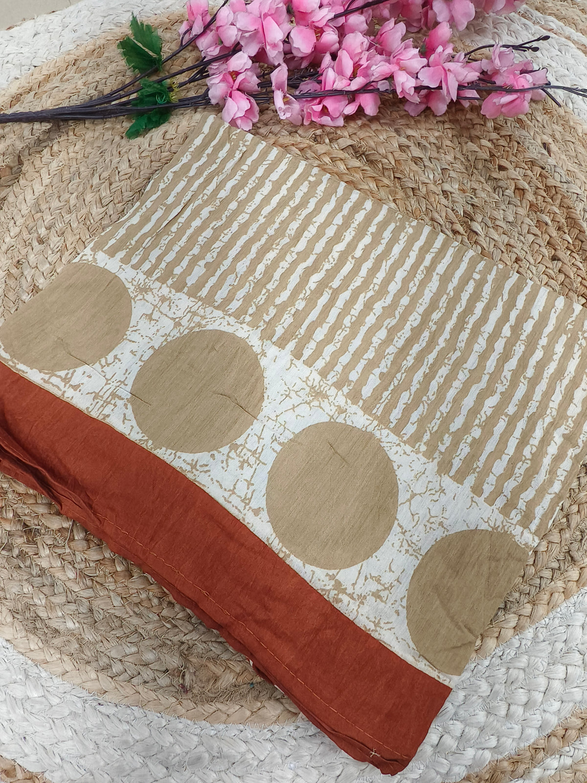 Cream with orange  Batik Printed Cotton Saree