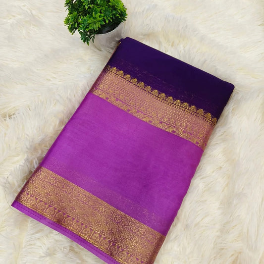 BLUE WITH LOTUS PINK  SEMI MYSORE CREPE SILK
