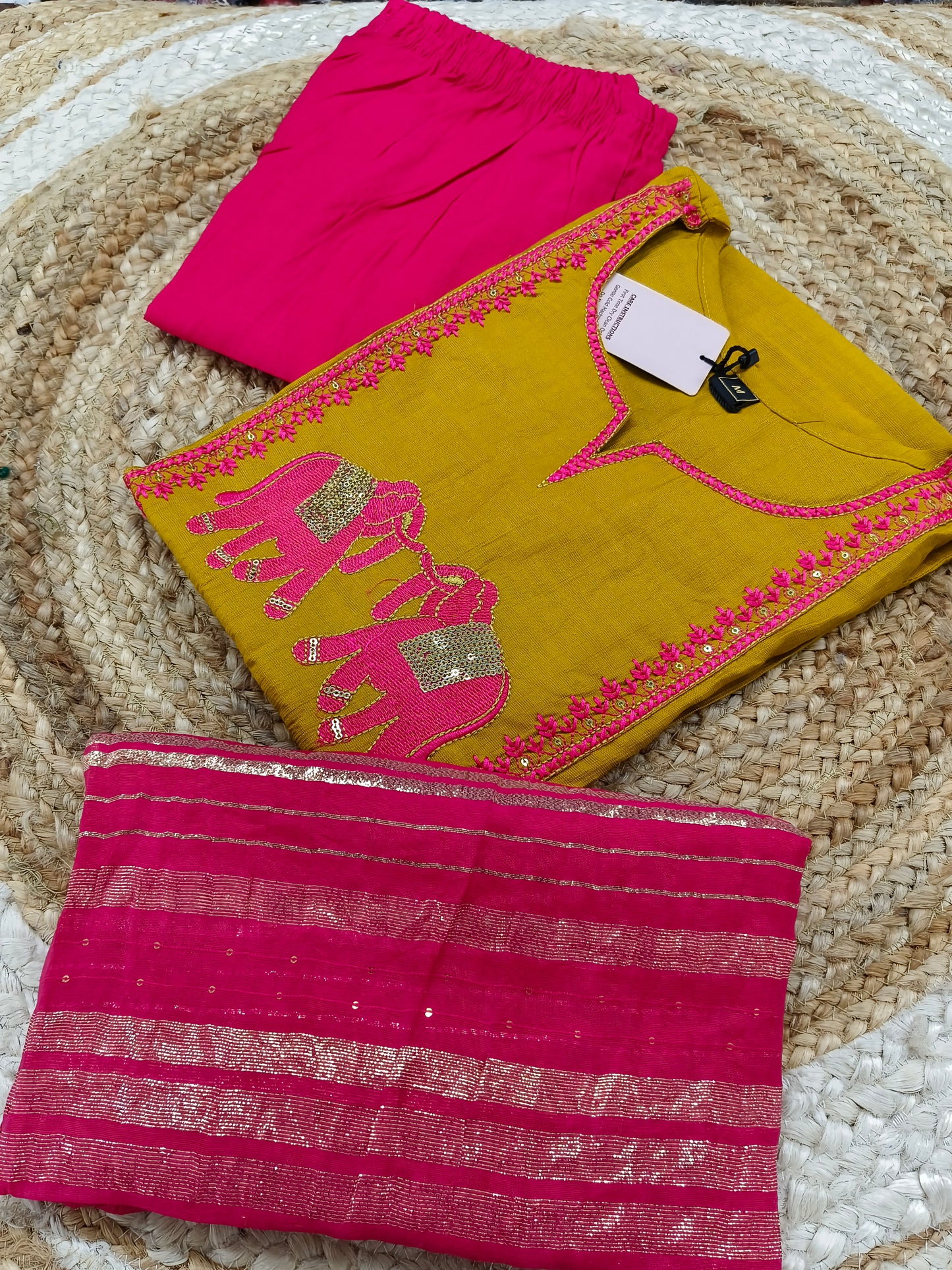 Yellow with Rani pink designer suit