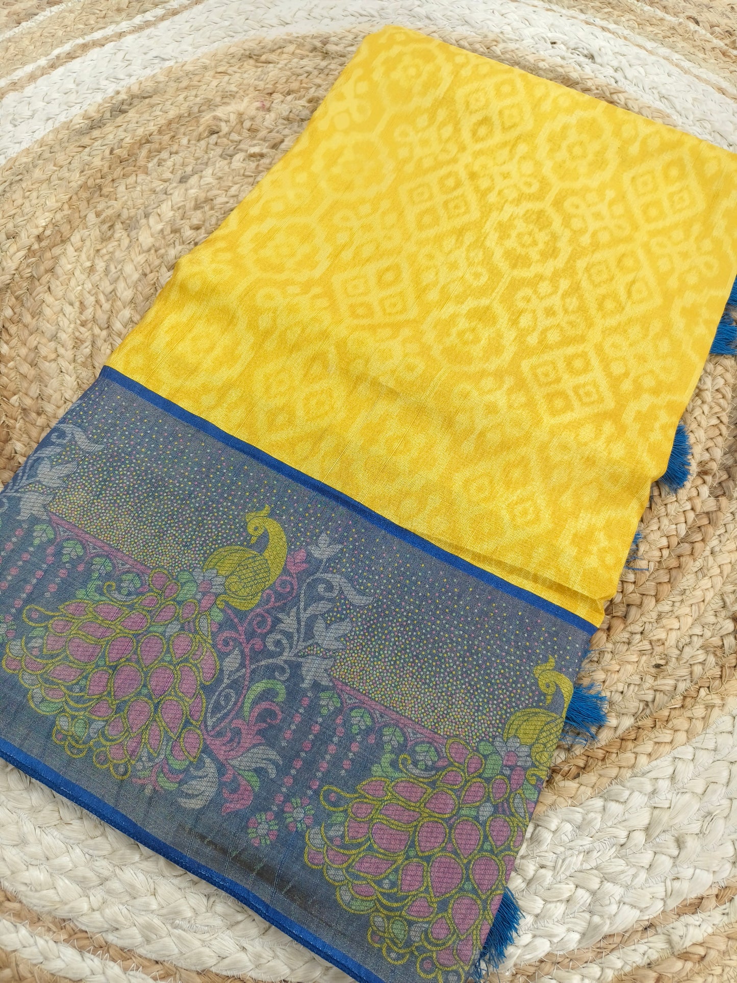 Yellow with blue tusser silk saree
