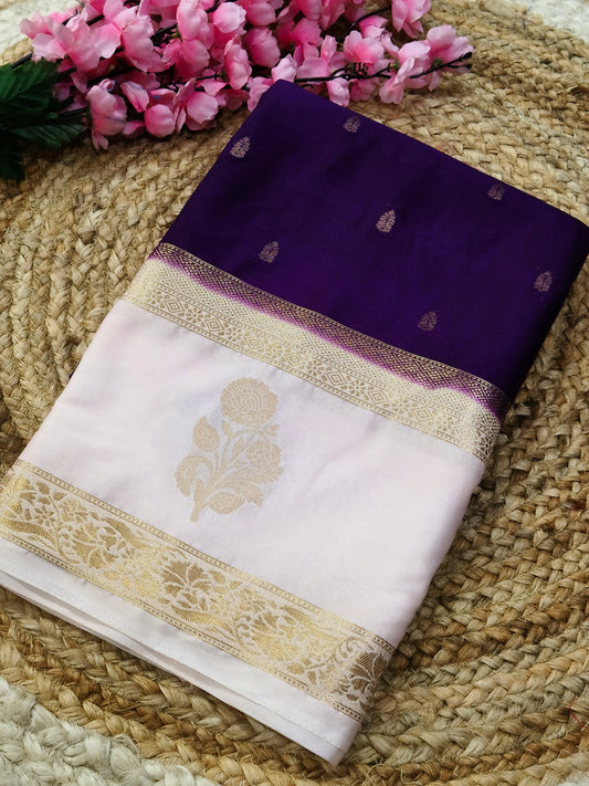 Purple with white semi Mysore crepe silk saree