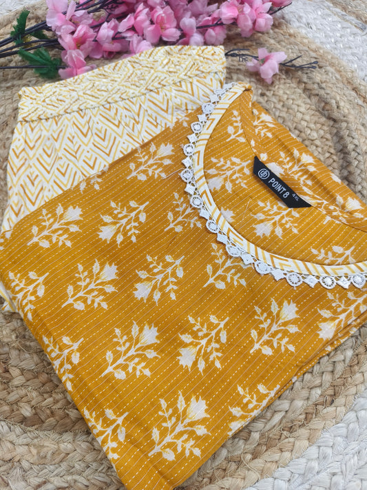 Yellow Elegant Printed Cotton Kurta Set