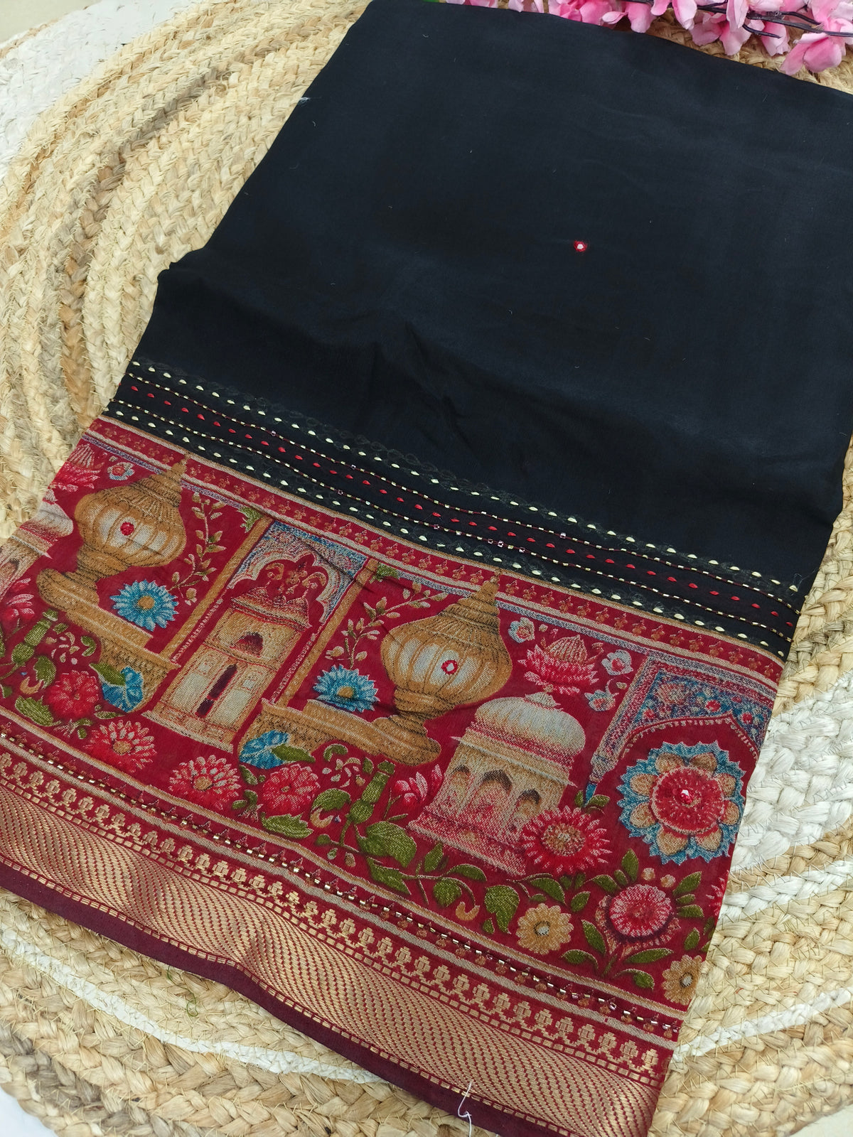 Black with maroon Printed Cotton Silk Saree