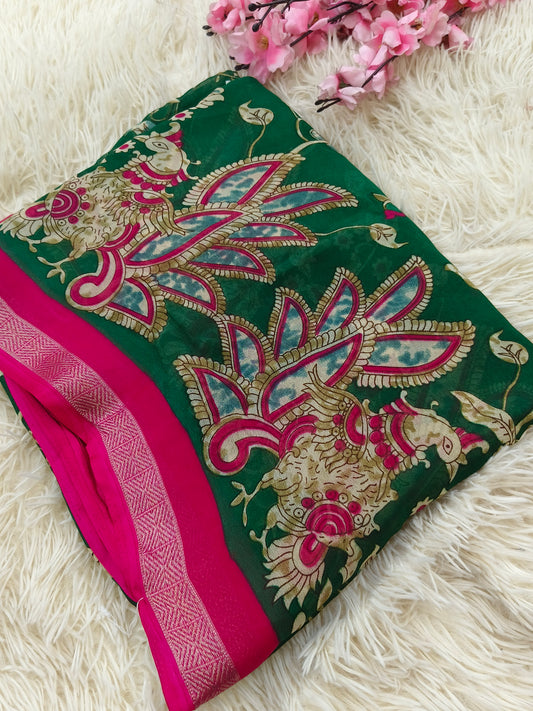 Bettle Green Kalamkari Georgette saree