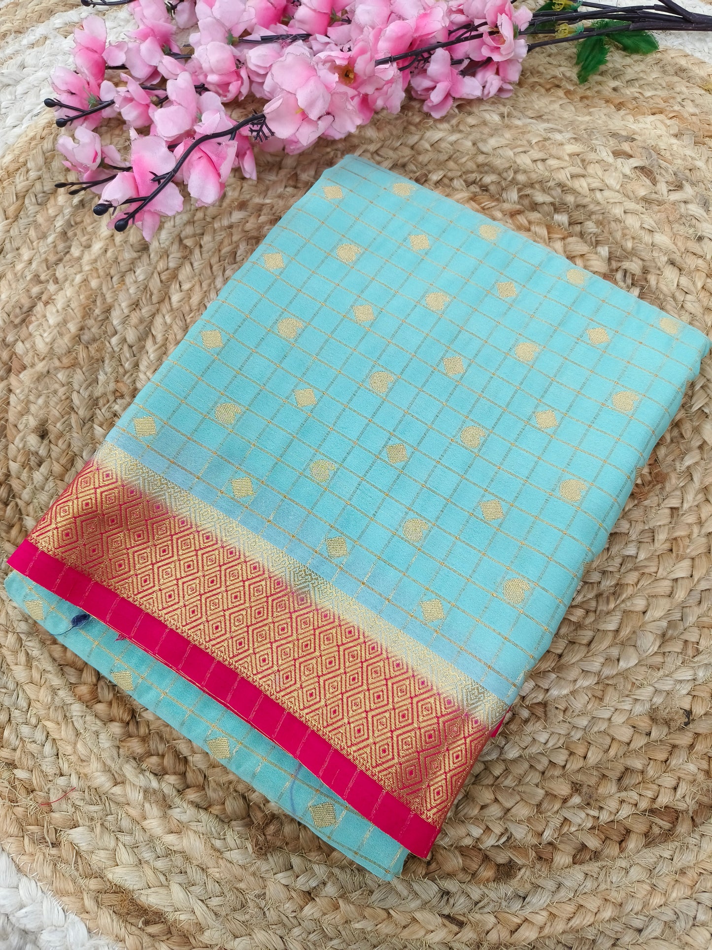 Sky blue with rose pink Semi Mysore silk