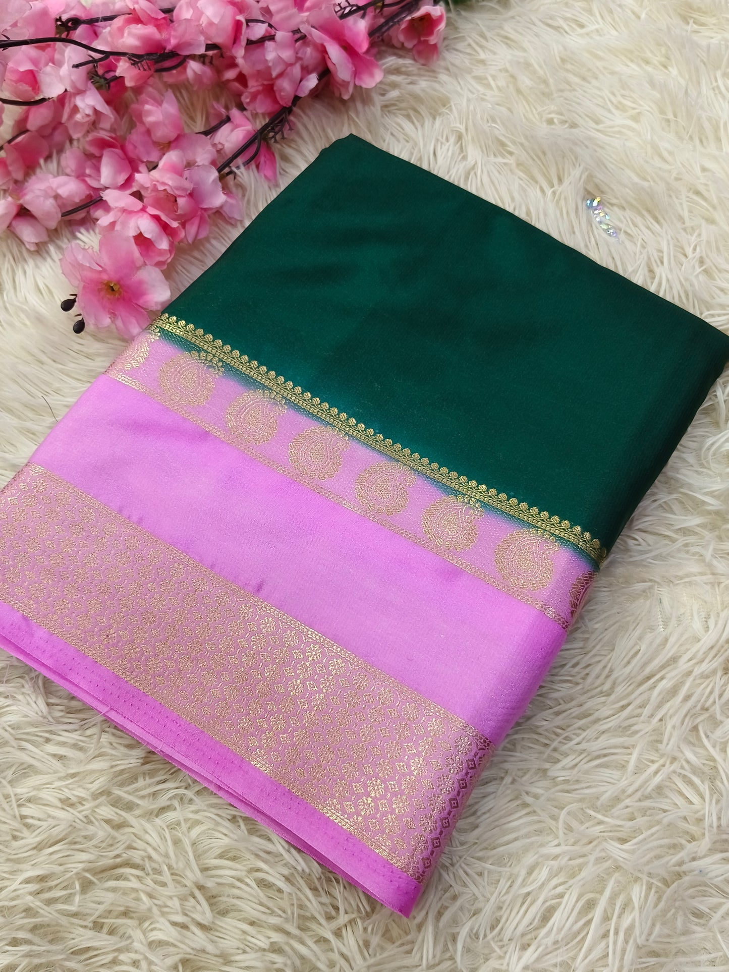 Green With Pink Semi Mysore crepe silk saree
