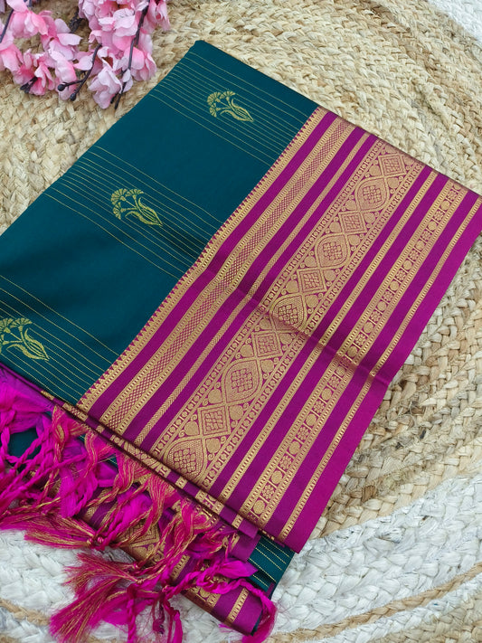 Peacock Green with Pink Elegant soft semi kanjivaram silk saree