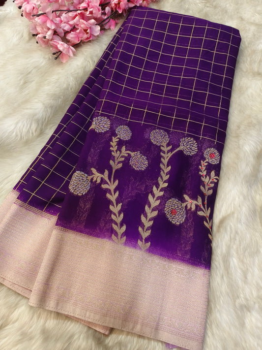 Purple with peach semi Mysore crepe silk saree
