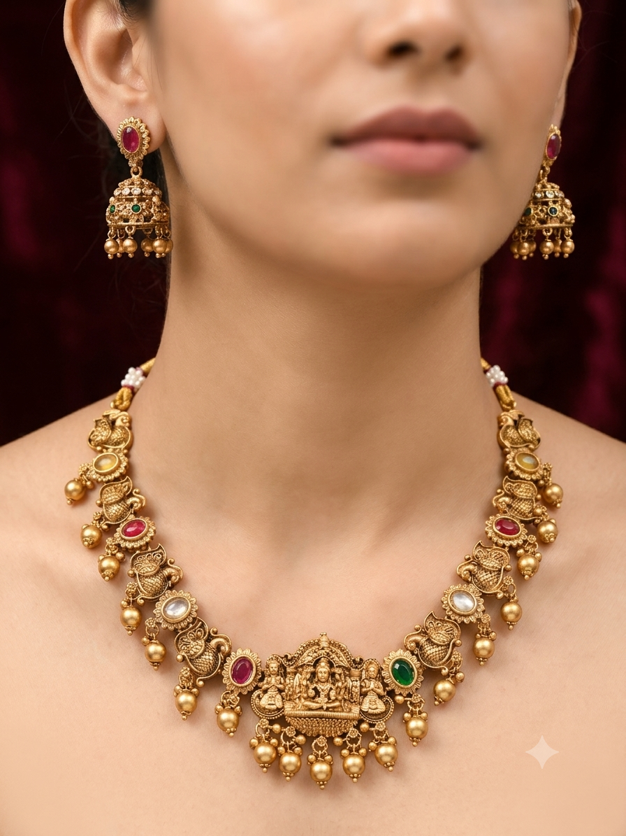 Antique Gold Goddess Lakshmi Temple Jewellery Set