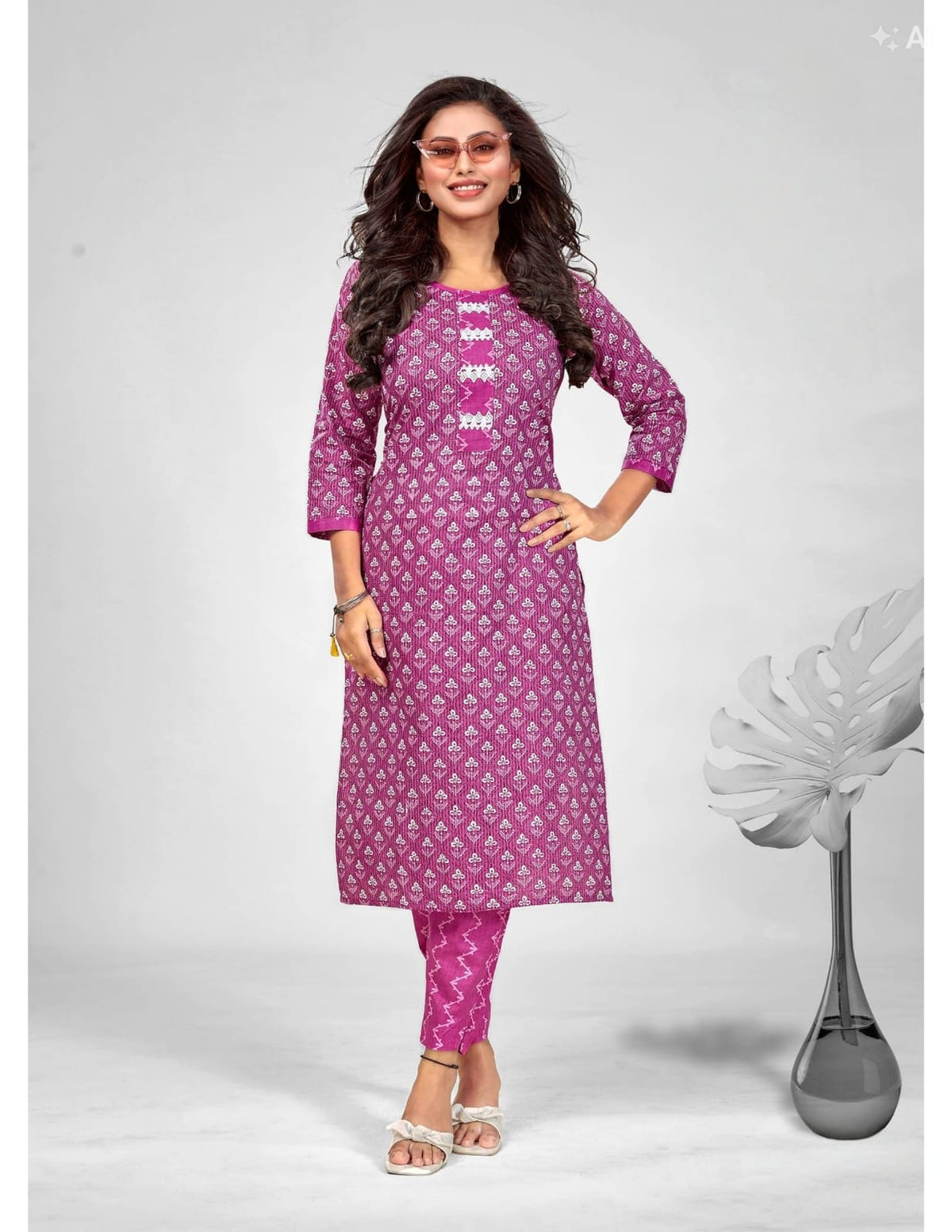 Pink Elegant Printed Cotton Kurta Set